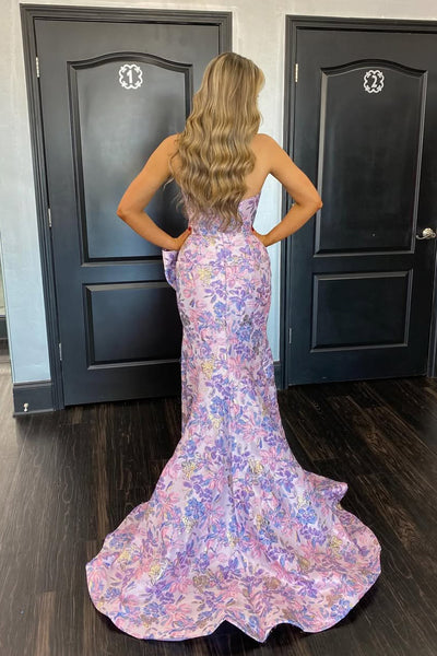 Mermaid Strapless Lavender Jacquard Satin Prom Dress with Slit VK25122804