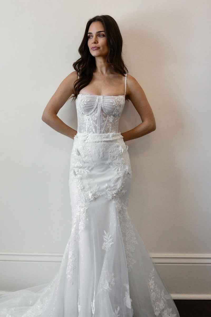 Mermaid Spaghetti Straps White Tulle Wedding Dresses with Appliques VK23111805