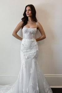 Mermaid Spaghetti Straps White Tulle Wedding Dresses with Appliques VK23111805