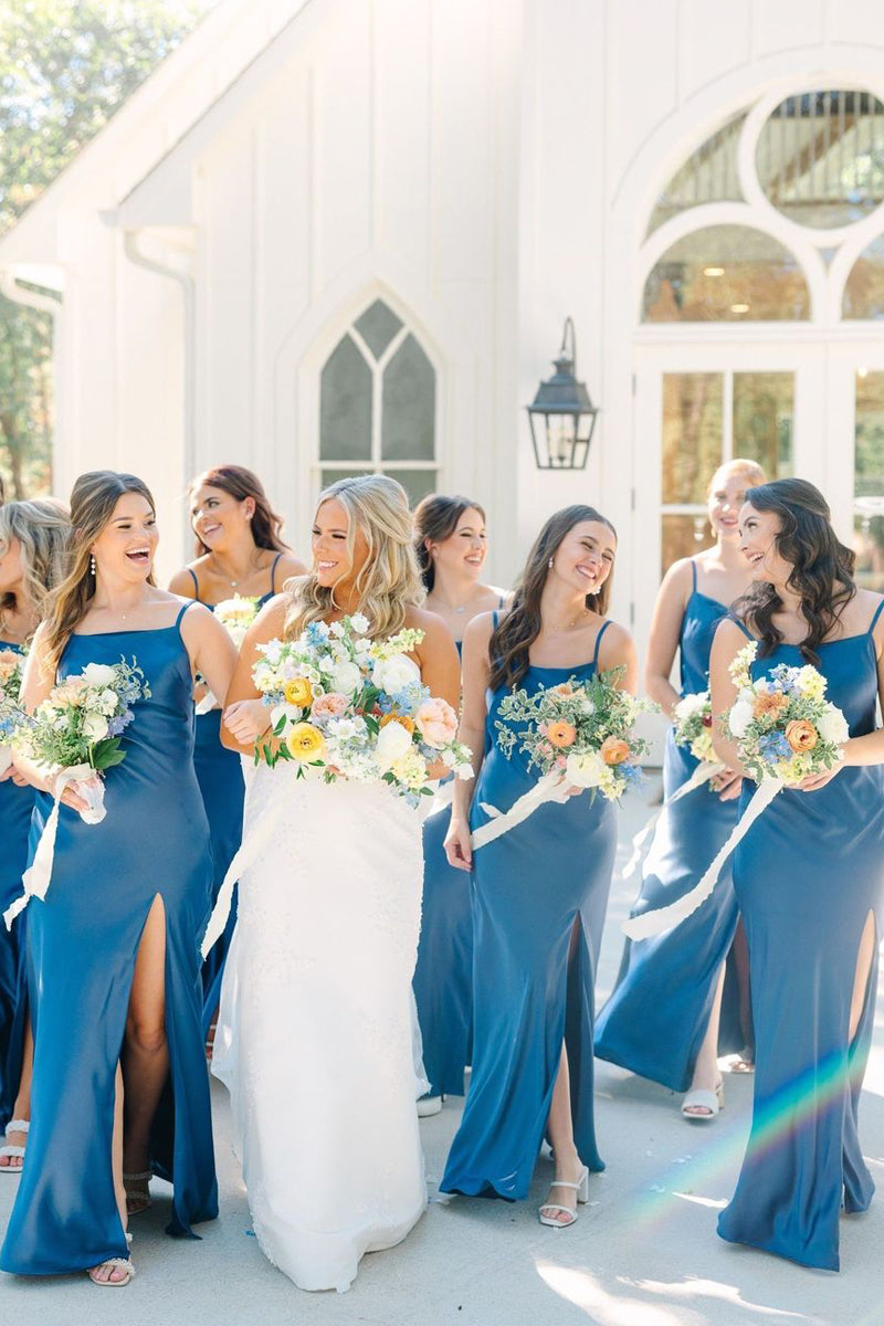 Simple Mermaid Spaghetti Straps Blue Long Bridesmaid Dresses with Bow Back VK24040703