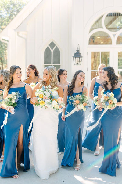 Simple Mermaid Spaghetti Straps Blue Long Bridesmaid Dresses with Bow Back VK24040703