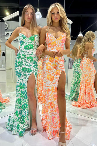 Orange Sequin Lace V Neck Mermaid Prom Dresses with Slit VK23120405