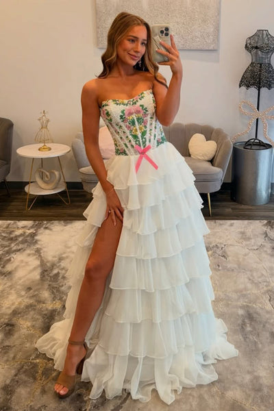 Gorgeous A Line Strapless White Tulle Prom Dress with Beading