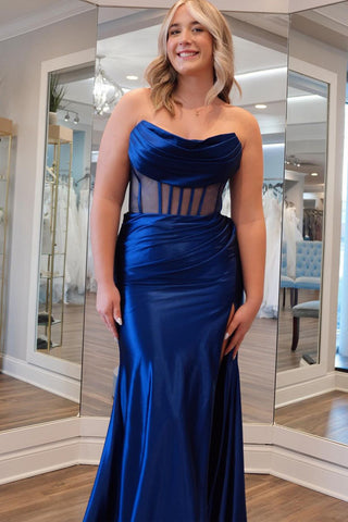Mermaid Strapless Navy Blue Satin Long Prom Dresses VK24012805