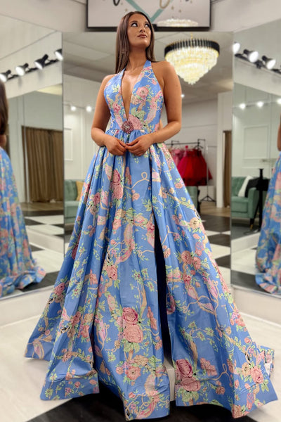 Romantic A-Line Halter Blue Floral Print Prom Dresses with Slit VK26020309