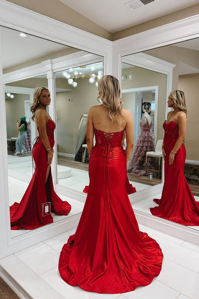 Mermaid Strapless Keyhole Red Satin Long Prom Dresses with Slit VK021411