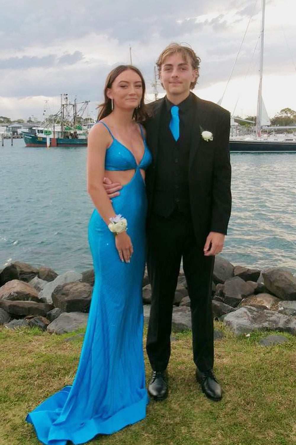 Charming Mermaid V Neck Blue Satin Prom Dresses VK24102409