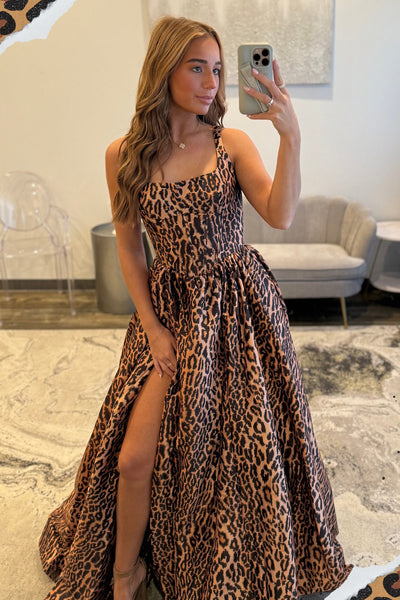 A Line Squard Neck Leopard Print Satin Long Prom Dress with Slit VK25100309