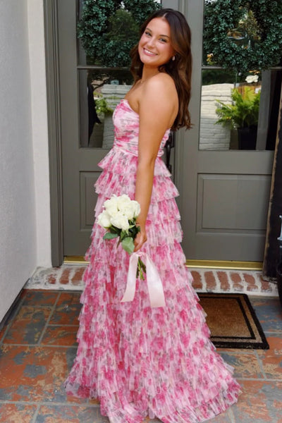 Fairy A Line Strapless Floral Tulle Tiered Prom Dress VK020104
