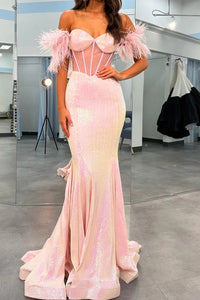 Sparkly Blush Mermaid Long Corset Prom Dress With Feather VK23112207