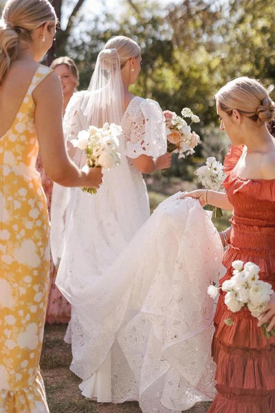 Bohemian Square Neck Chiffon Long Wedding Dresses with Ruffled Sleeves