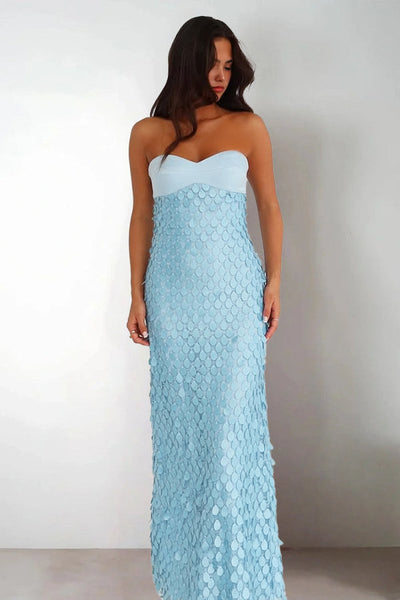 Sheath Strapless Light Blue Satin Sequins Long Prom Dresses VK26010507