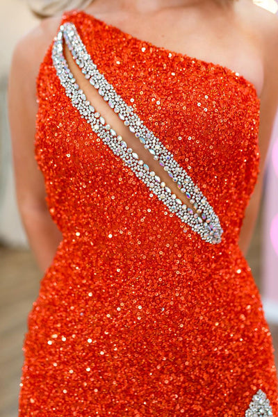 Orange One Sholder Sequins Mermaid Prom Dresses with Slit VK24032401