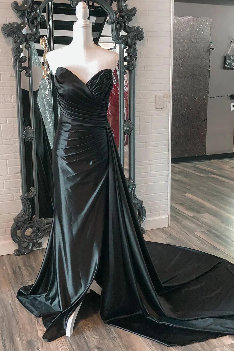 Charming Mermaid Sweetheart Black Satin Long Prom Dresses with Slit VK23011405