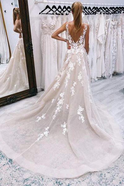 A Line V Neck Tulle Wedding Dresses with Appliques VK24110705