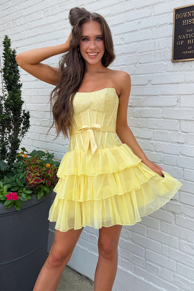 Yellow Strapless Ruffle Tiered Chiffon Short Homecoming Dresses with Beadings VK26081007