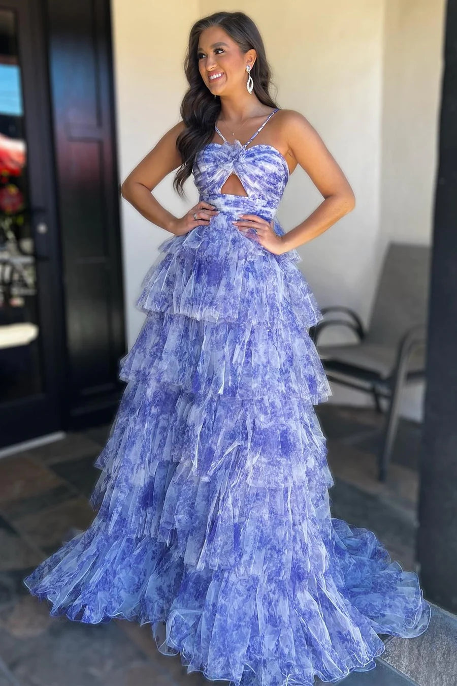 Blue Print Halter Keyhole Ruffle Tiered Long Prom Dress VK23110904