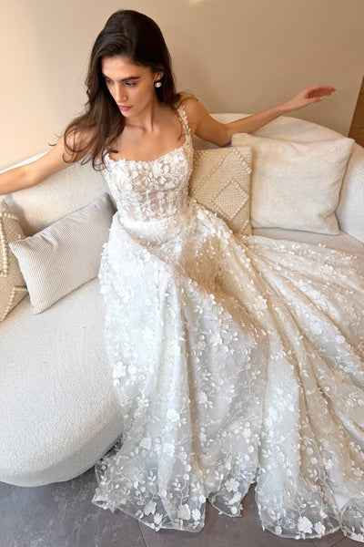 Stunning A-Line Square Neck Lace Appliques Wedding Dresses with Slit VK26020303