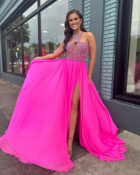 Cute A Line Round Neck Hot Pink Chiffon Long Prom Dresses with Beading VK23061207