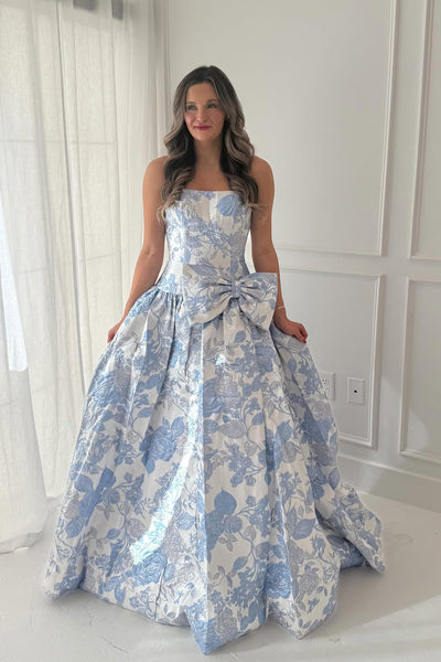 A Line Strapless Jacquard Satin Prom Dress with Bow VK111004