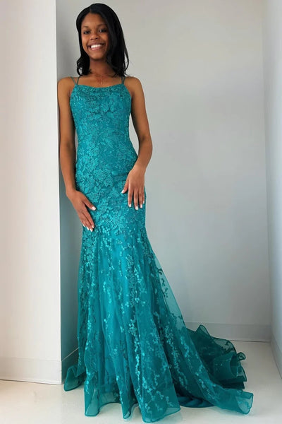 Turquoise Appliques Lace-Up Trumpet Long Prom Dress VK24011306