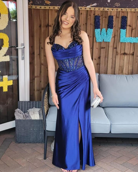 Elegant Mermaid Sweetheart Rose Gold Prom Dress with Slit and Beading