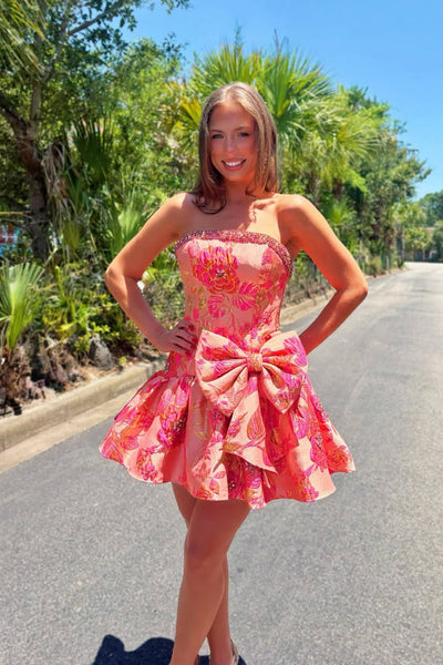 A Line Stapless Coral Red Jacquard Satin Homecoming Dress with Bow VK26062108