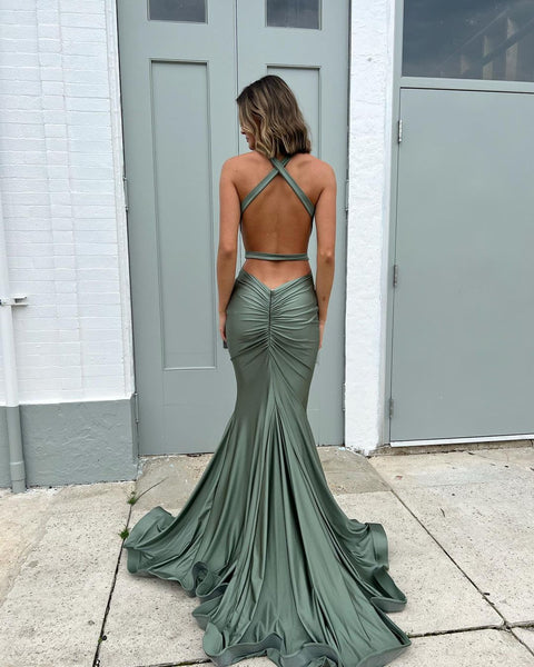 Charming Mermaid V Neck Dark Green Elastic Satin Long Prom Dresses VK23051103