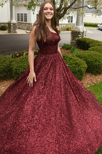 Sparkly Ball Gown One Shoulder Burgundy Sequins Long Prom Dresses VK23050905