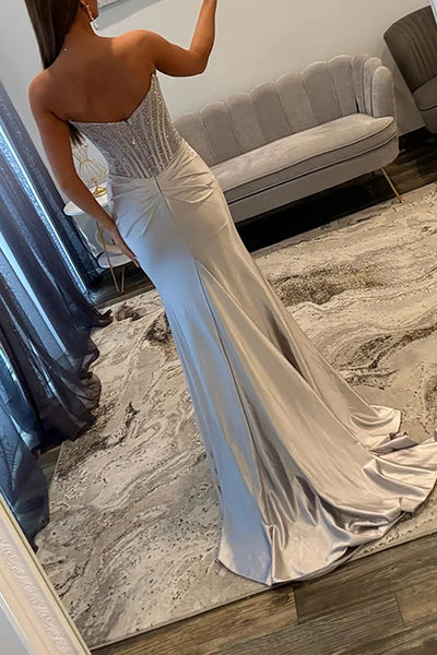 Mermaid Strapless Gold Satin Beaded Long Prom Dresses with Slit VK26010703