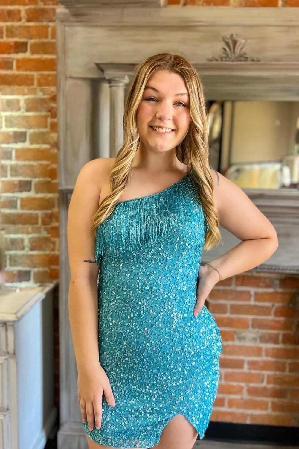 Sparkly Blue Fringed One Shoulder Tight Sequins Short Homecoming Dress VK23081705
