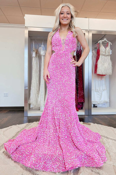 Light Blue Iridescent Sequin Halter Cutout Mermaid Long Prom Gown VK23122310