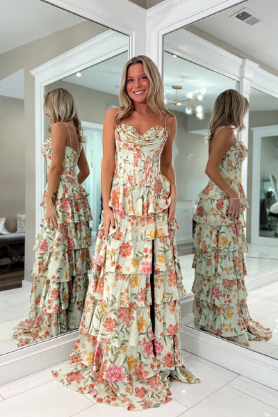 A Line Sweetheart Floral Chiffon Tiered Prom Dress with Slit VK15112703