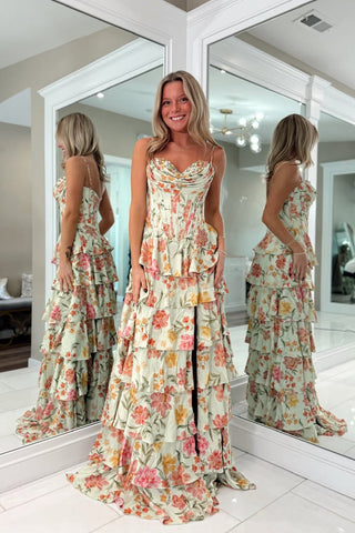 A Line Sweetheart Floral Chiffon Tiered Prom Dress with Slit VK15112703