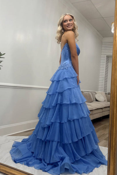 Cute A Line Sweetheart Blue Chiffon Tiered Prom Dress with Appliques VK16012703