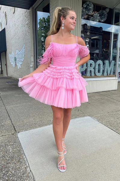 Cute Pink A Line Feather Tulle Homecoming Dresses VK23070702