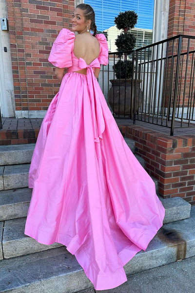 Pink A-Line Puffle Sleeves Satin Prom Dresses with Slit VK23111104