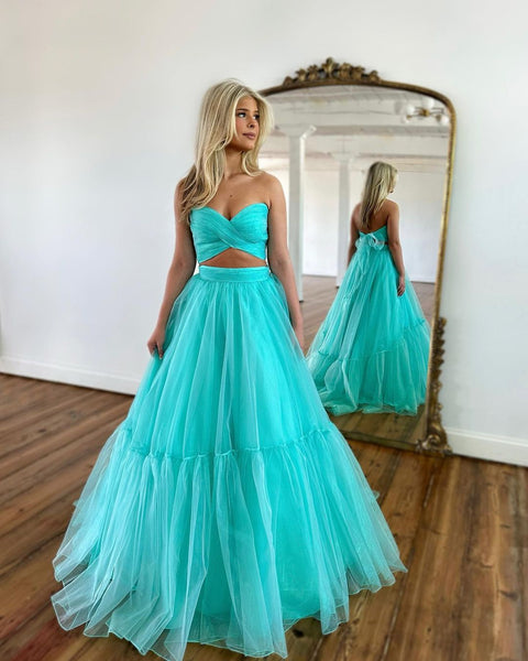 Cute Ball Gown V Neck Mint Long Prom Dresses VK23050603