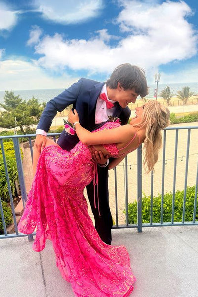 Cute Mermaid V Neck Pink Sequins Lace Long Prom Dress with Slit VK25010308