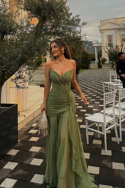 Elegant Sheath V Neck Army Green Chiffon Evening Dress Formal Dress with Slit VK26031107