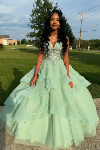 Ball Gown V Neck Sage Green Tulle Prom Gown with 3D Appliques VK25053101