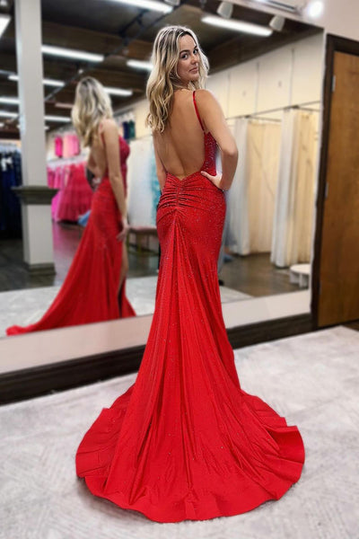 Red Beaded V Neck Mermaid Long Prom Dress VK23123102
