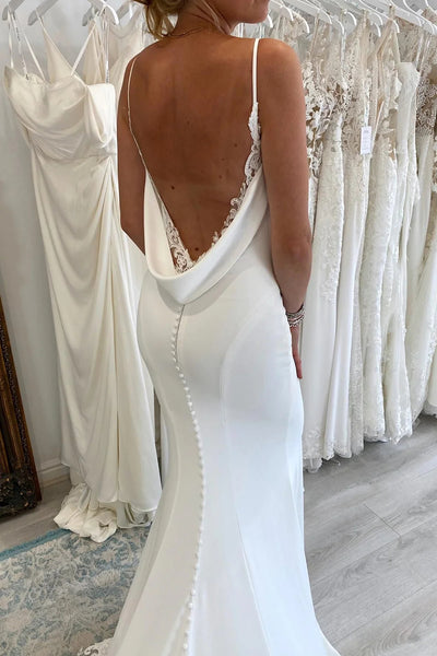 Charming Mermaid V Neck White Satin Wedding Dresses VK23082709