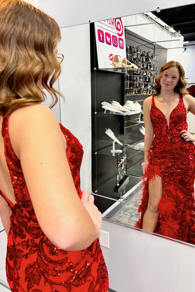 Red V Neck Sequins Lace Mermaid Prom Dresses with Slit VK24031604