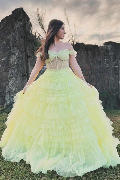 Yellow Off the Shoulder Tiered Tulle Long Prom Dresses VK23122901