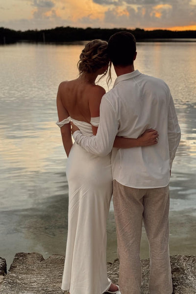 Chic Sheath Off the Shoulder White Silk Satin Party Dresses