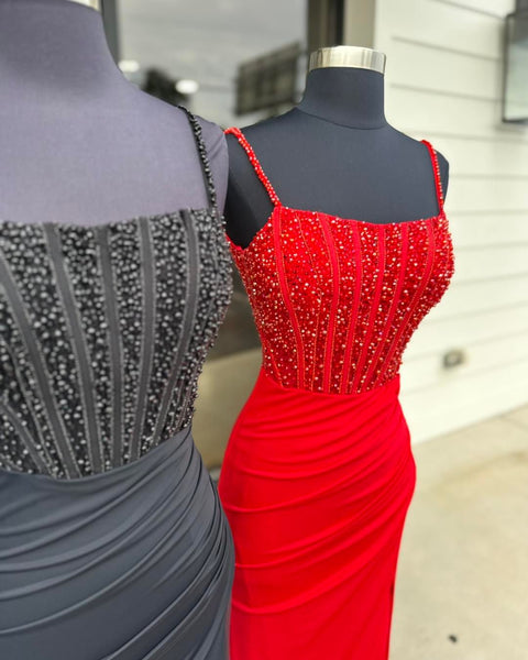Elegant Red Mermaid Scoop Neck Satin Long Prom Dress with Beading