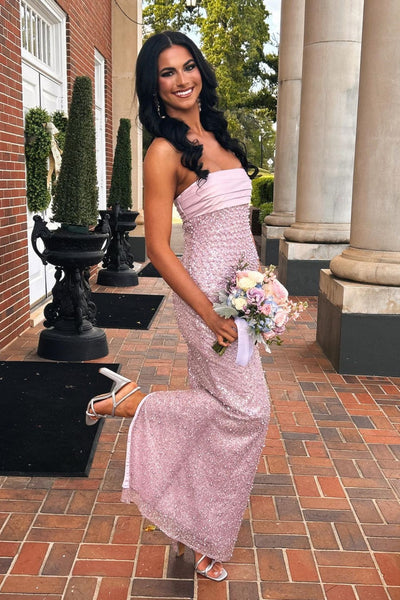 Chic Strapless Pearl Sequin Mermaid Maxi Prom Dress