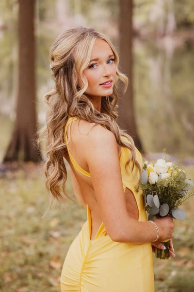 Charming Mermaid V Neck Yellow Elastic Satin Prom Dress VK25052515