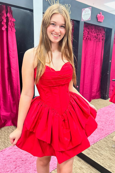 Red Sweetheart Satin Ruffle Tiered  A-Line Corcet Short Homecoming Dresses VK25091707